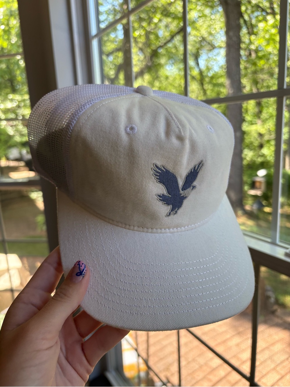 American Eagle Outfitters White Mesh Trucker Hat with Navy Logo